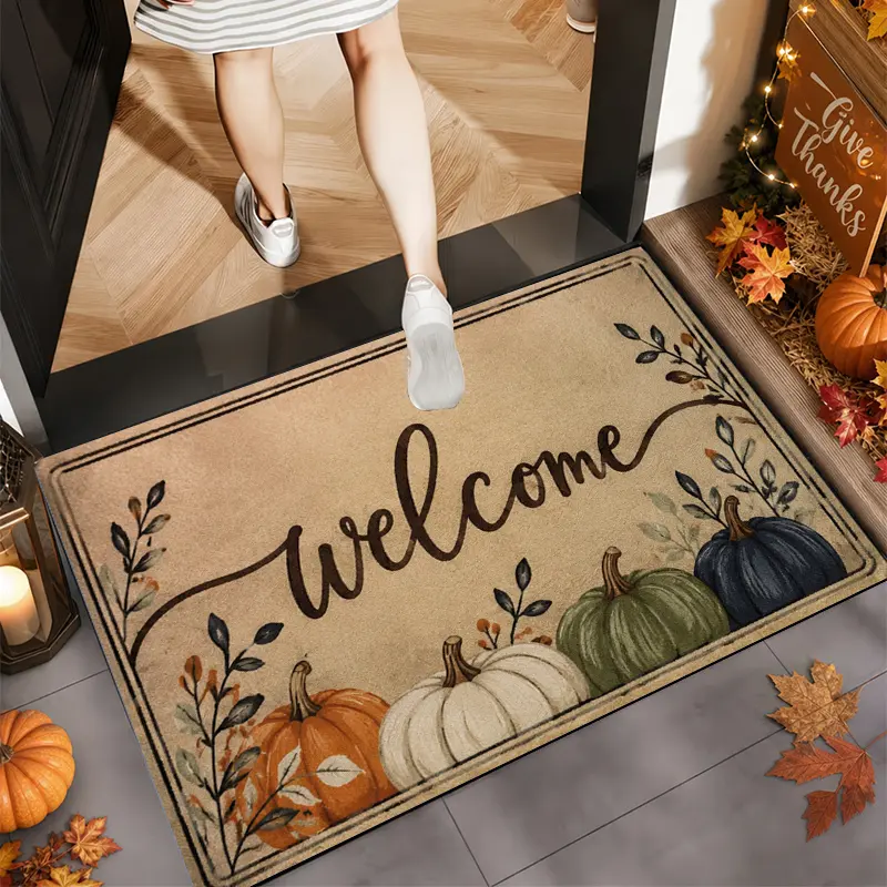 Flannel Floor Mat 1-piece set, non-slip flannel welcome doormat, suitable for Thanksgiving autumn farmhouse decoration, soft and machine washable, with pumpkin and floral prints, suitable for porch, kitchen, indoor entrance, rustic style, ideal for Thanks