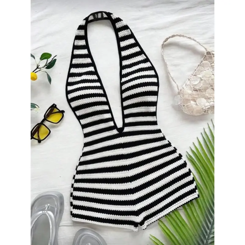 Women's New Fashion Comfortable Versatile Casual Deep V Neck Halter Striped Vest Jumpsuit Shorts Set, Stylish All-Season Wear, Womenswear