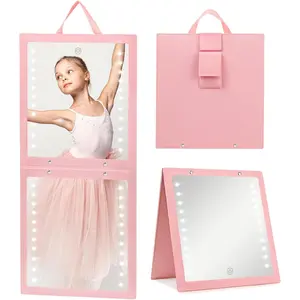 Lighted Hanging Mirror for Dance Backstage - Rechargeable Folding LED Full Length Mirror with Lights for Dancers, Portable Foldable Travel Body Mirrors, Brightness Adjustable, Pink