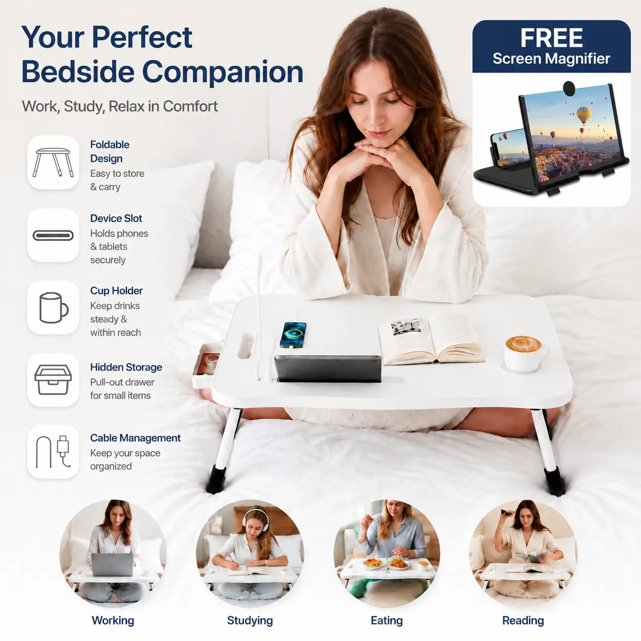 Folding Laptop Table - Mobile Computer Desk with Tablet Slot, Storage Drawer, Cup Holder, Reading Rack, Cooling Fan, Suitable for Bed, Sofa Use, Ideal for Crafts, Meals, Portable Knee & Utility Table