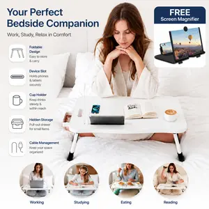 Folding Laptop Table - Mobile Computer Desk with Tablet Slot, Storage Drawer, Cup Holder, Reading Rack, Cooling Fan, Suitable for Bed, Sofa Use, Ideal for Crafts, Meals, Portable Knee & Utility Table