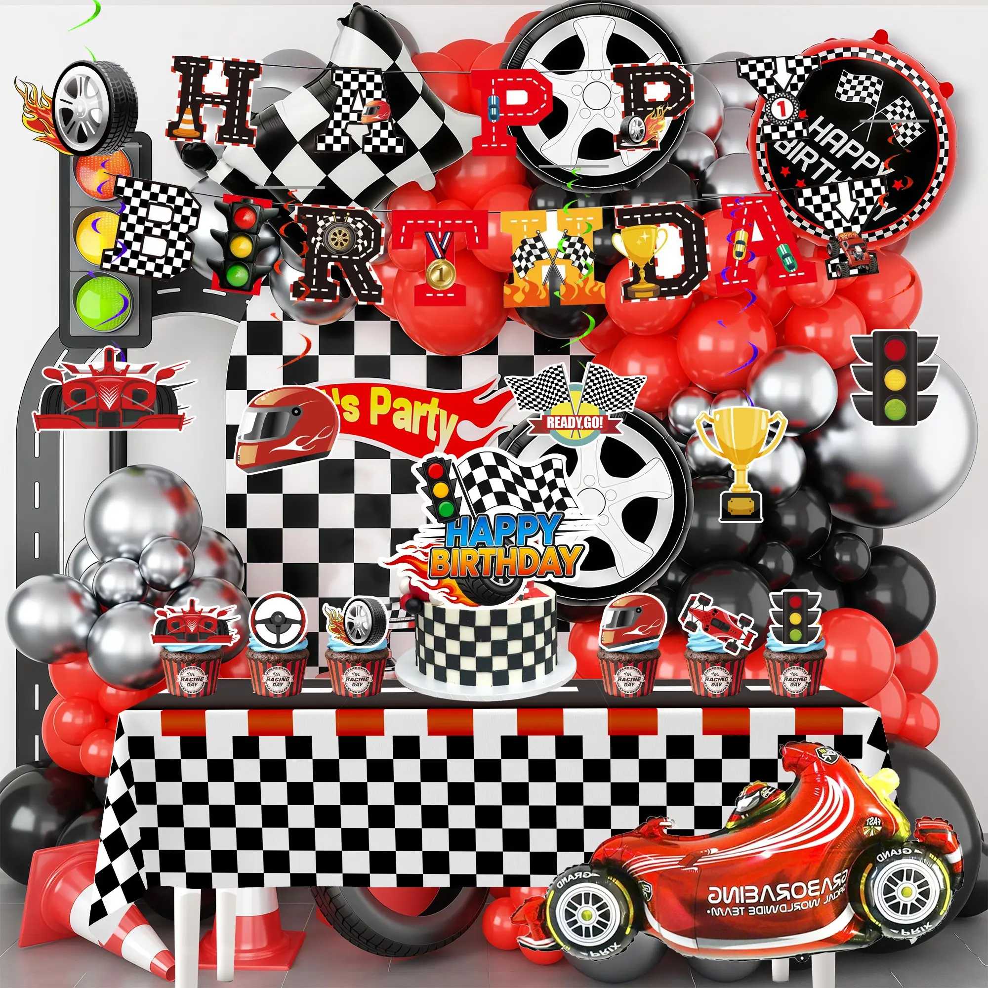 Racing Theme Birthday Decoration Set, 112 Pieces Racing Party Decor Kit, Includes Banner, Balloons, Cake Toppers, Hanging Decorations