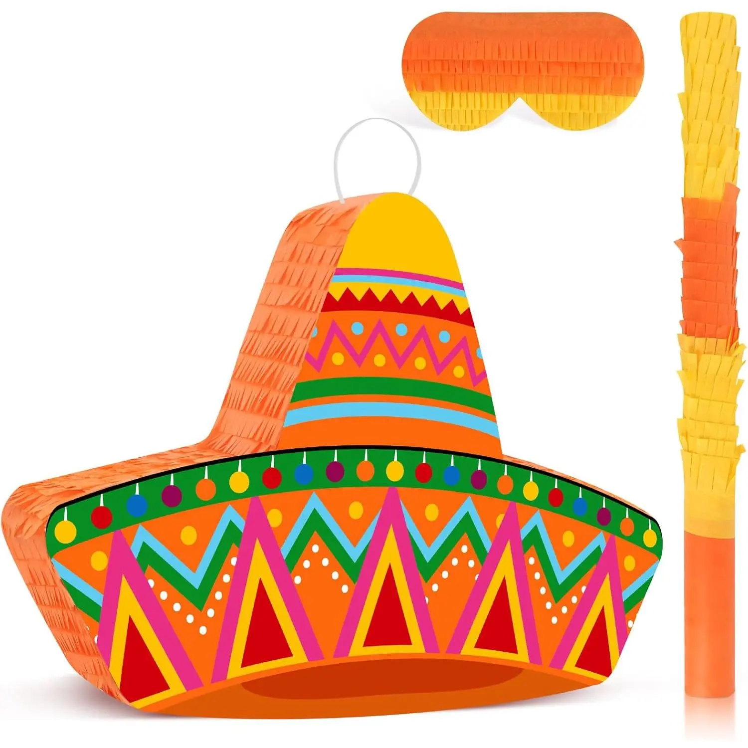 Mexican Sombrero Pinata Set with Stick & Blindfold, Fiesta Theme Party Supplies for Cinco De Mayo, Carnival Games, 16.1x11.8x3.2 Inches, Decor, Ornaments, Accessories, Birthday