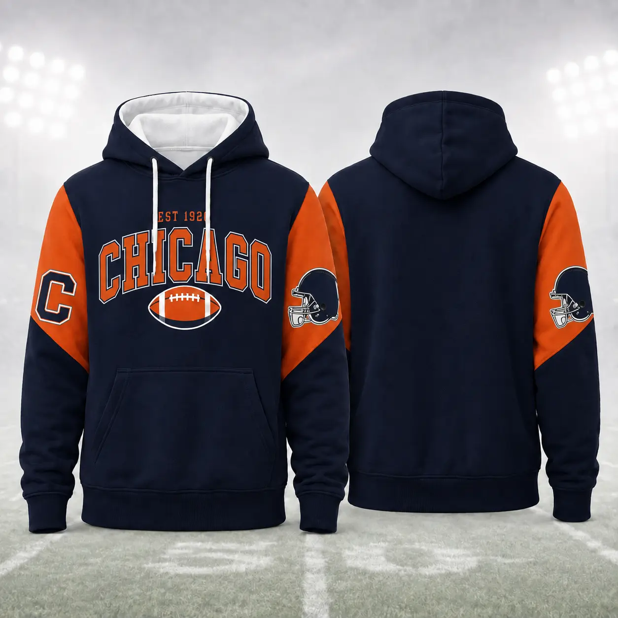 Unisex Vintage City Football Graphic Hoodie, Color‑Block Long‑Sleeve Sweatshirt With Helmet Sleeve Print, Game Day Fan Casual Streetwear Top for Gift