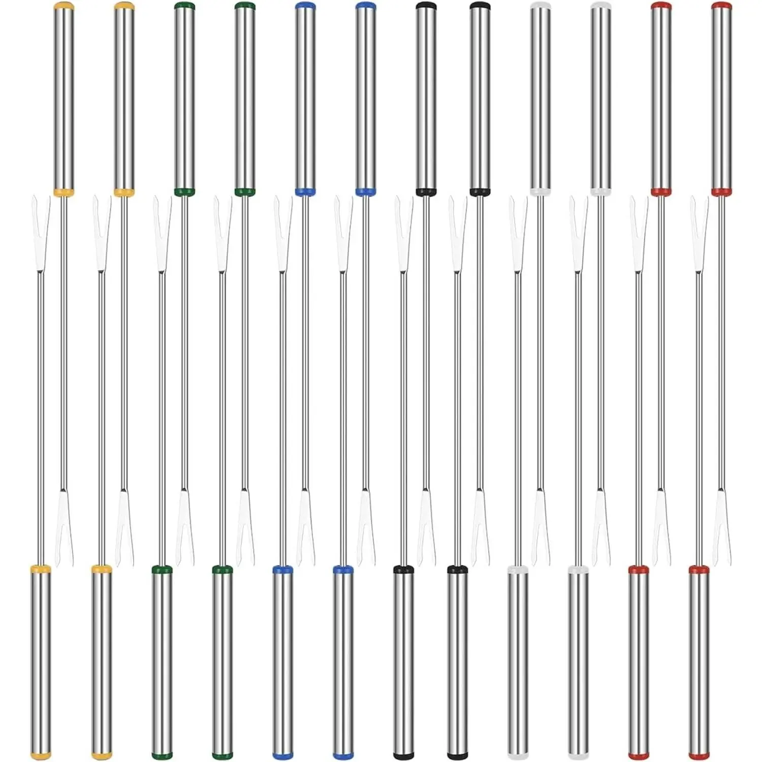 BetterJonny 24pcs Round Stainless Steel Silver Fondue Forks Set, 9.4in Color-Coded Utensils with Heat-Resistant Handles for Hot Pot BBQ (6 Colors)