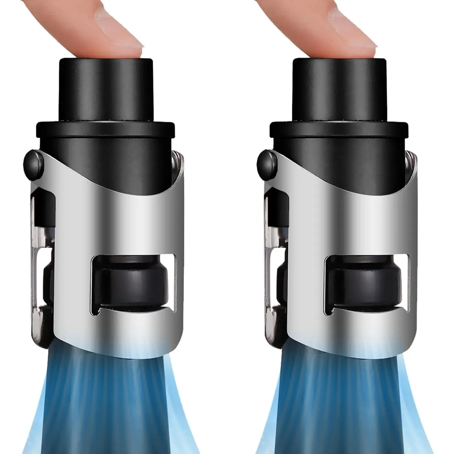 2-Pack Champagne Stoppers with Built-in Vacuum Pump, Black | Stainless Steel & ABS Sparkling Wine Saver with Airtight Seal, Keeps Prosecco, Cava, and Champagne Bubbly for Days