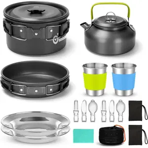 15pcs Camping Cookware Mess Kit, Non-Stick Lightweight Pot Pan Kettle Set with Stainless Steel Cups Plates Forks Knives Spoons for Camping, Backpacking, Outdoor Cooking and Picnic Portable Tool