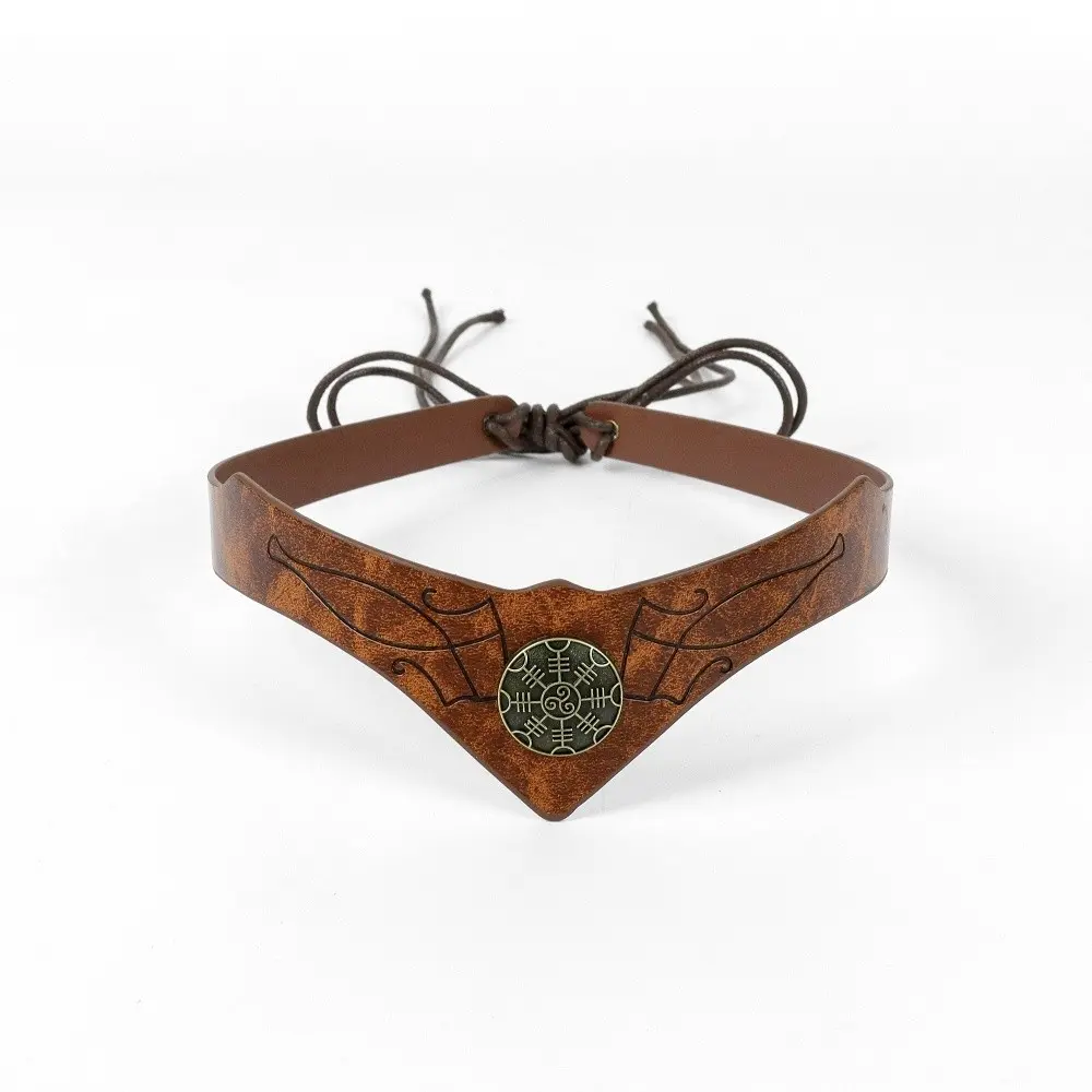 Vintage Brown PU Leather Medieval Viking Forehead Band, Adjustable Tie Faux Leather Headband, Wilderness Nomad Tribal Headpiece for Medieval LARP Roleplay, Halloween Primitive Tribal Maiden Outfit