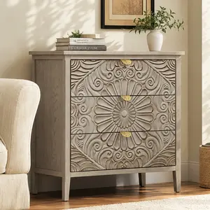 ARCH 3 Drawer Cabinet Chest of Drawers for Bedroom Living Room Study, MDF Wood Storage Dresser with Embossed Drawer Fronts, Gold Pattern Handles, Anti-Tip Device, Non-Slip Pads, Light Grey, 14.96W x 31.46D x 30.87H in, LIGHT GREY Color Options