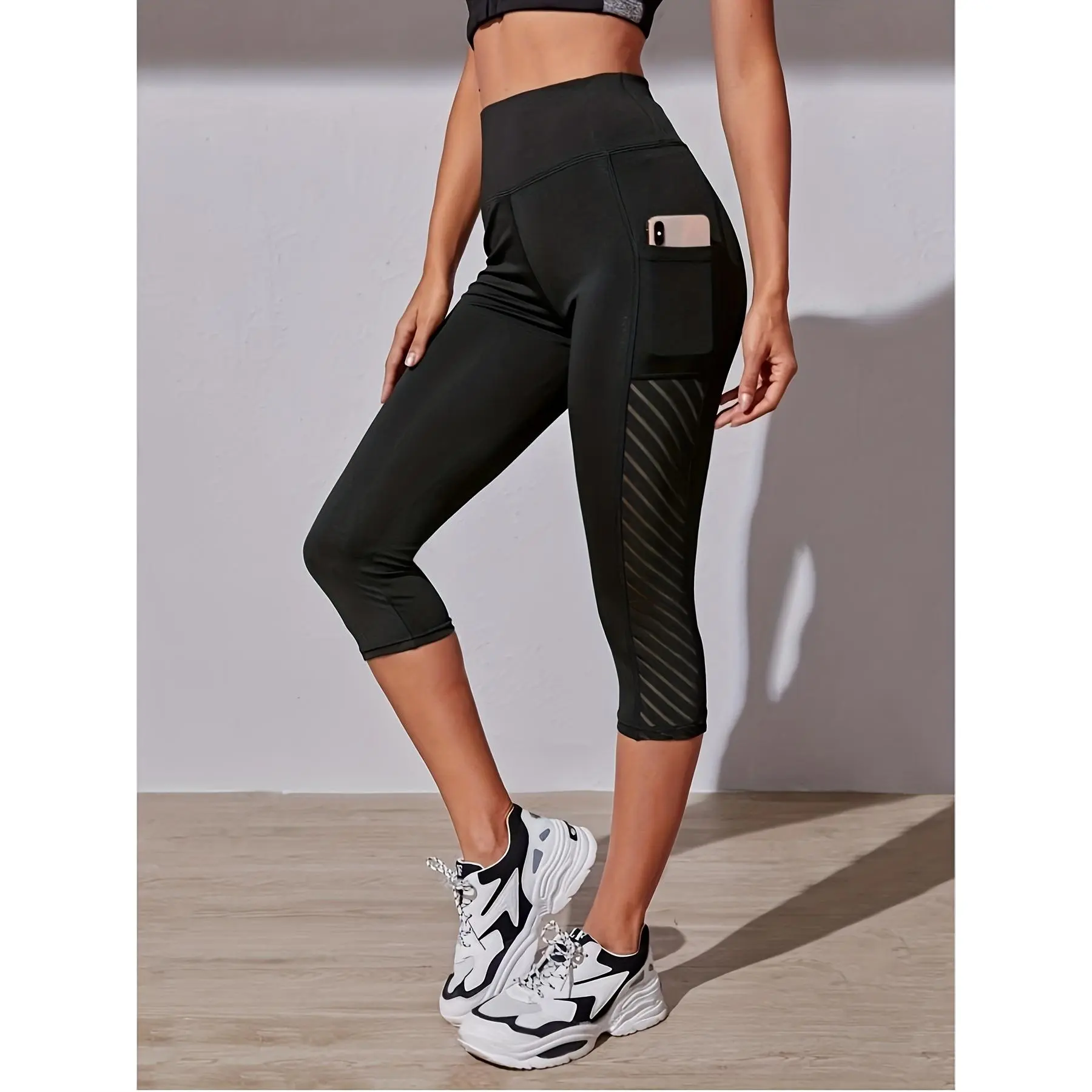 High-Waisted Tummy Control Mesh Capri Leggings for Women, Sports Activewear with Wide Waistband and Hip Lifting Design