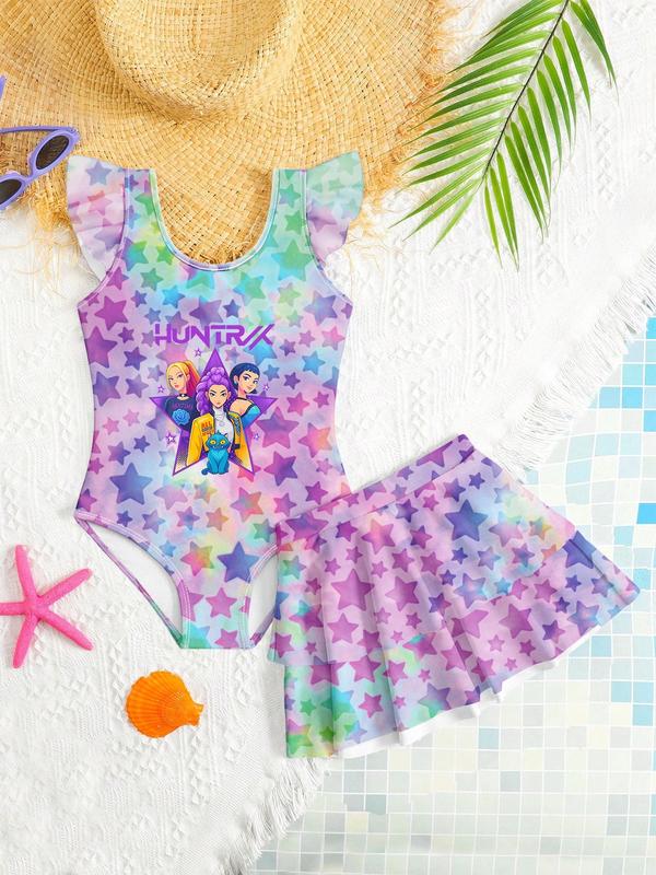 K-Pop Hunter Swimwear, Kpop Demon Hunters Beach Sweetheart Exclusive Swimsuit, Starry Gradient & Girl Group Print, Fashionable Halter Two-Piece Bikini