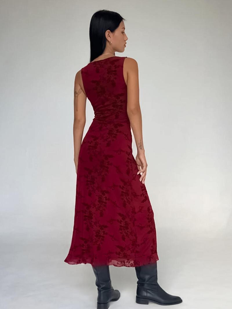 Women's Floral Print Deep V Neck A Line Dress, Elegant Sleeveless Plunge Neck Bodycon Long Dress, Ladies Summer Clothes for Party Holiday Wedding Guest, Summer Dresses