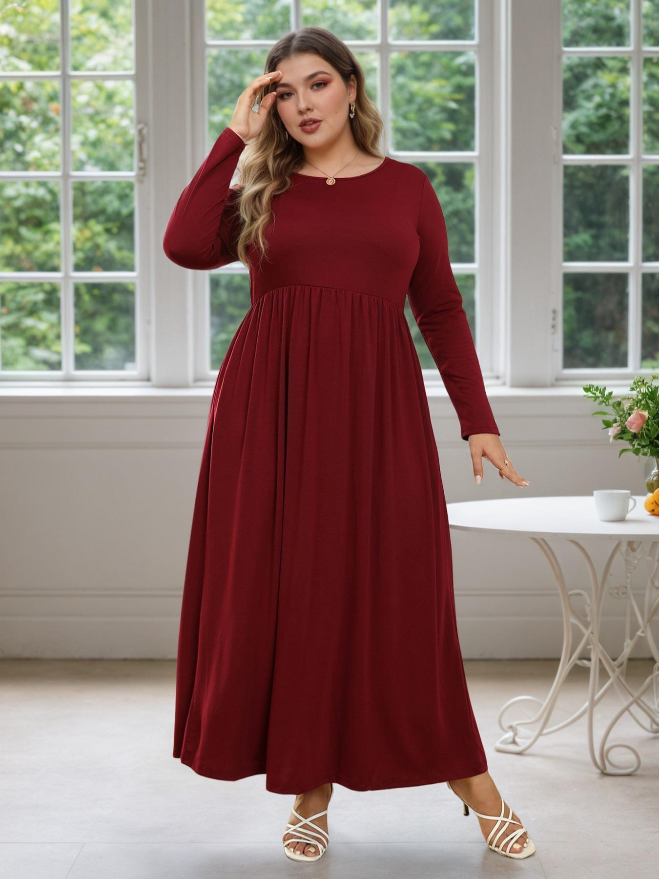 Women's Round Neck Stretchy Casual Fitted Long Plus Size Dress, Perfect for Bridesmaids, Vintage Style Wedding & Party Wear, Comfortable Fabric