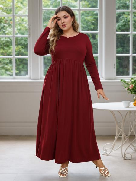 Women's Round Neck Stretchy Casual Long Plus Size Dress, Perfect for Bridesmaids, Vintage Style Wedding & Party Wear, Comfortable Fabric