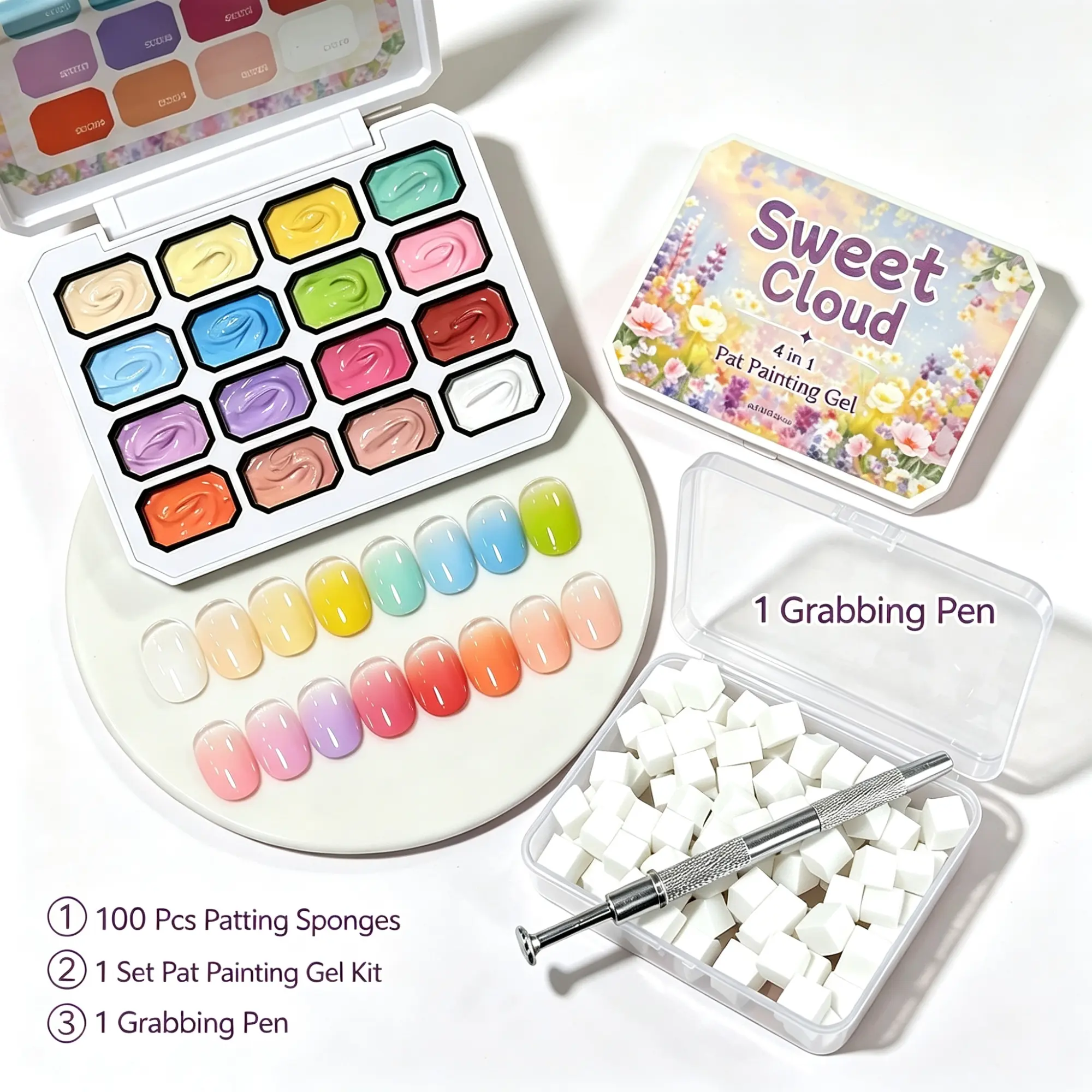 Complete Nail Art Pat Painting Gel Kit 16 Shades Multifunctional Pigment Gel Polish, Includes Disposable Patting Sponge Blocks & Metal Grabbing Pen, Professional Manicure Tools for Beginners & Nail Techs