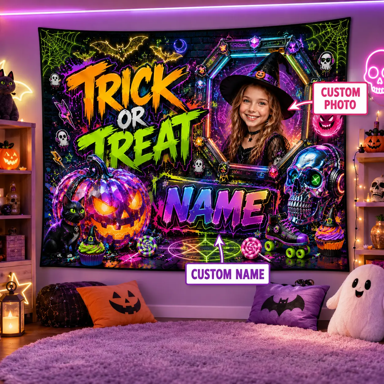 Personalized Colorful Neon Witch Halloween Backdrop Banners, Customizable with Photo and Name, Featuring Pumpkin, Black Cat, Candy, Roller Skate for Party Decor