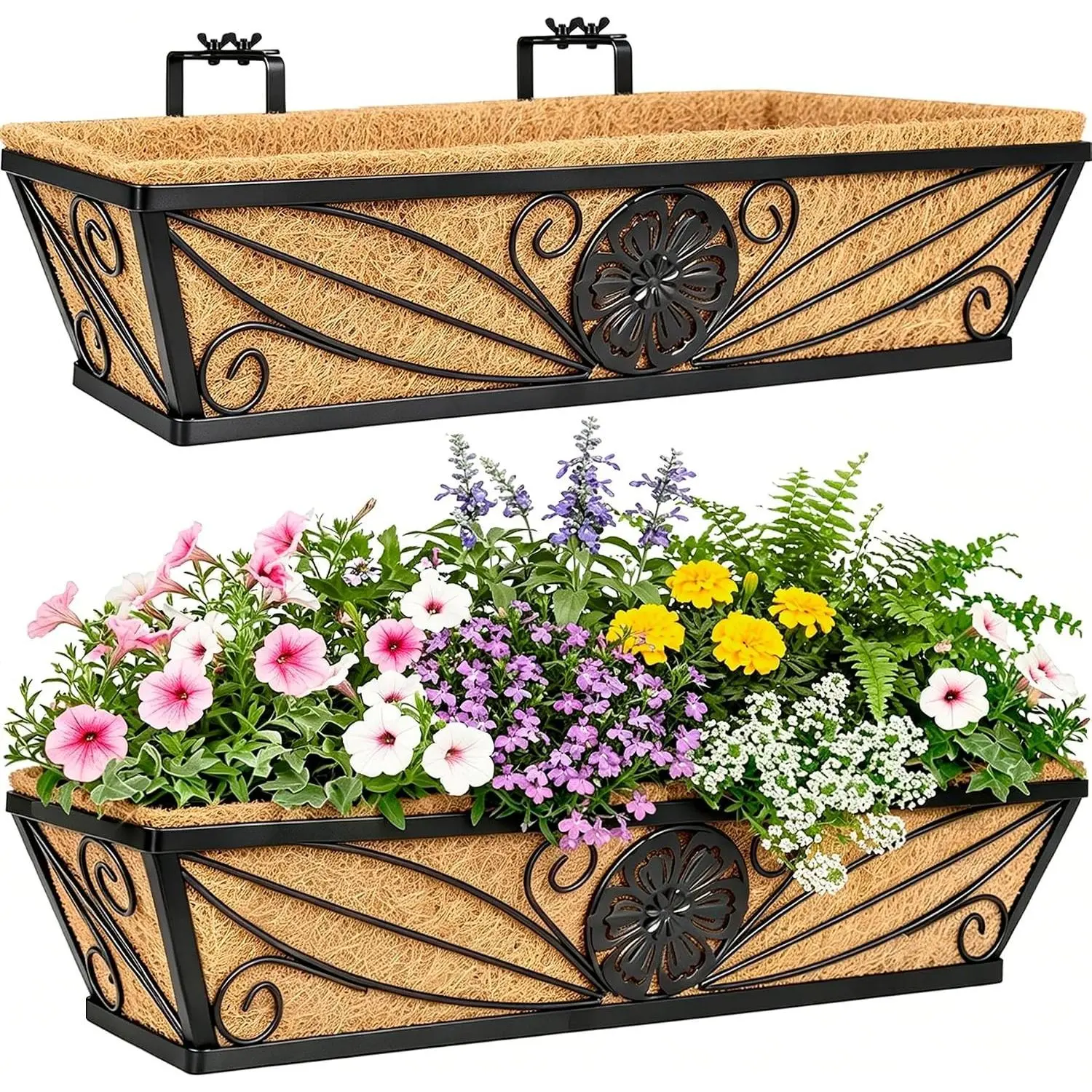24" x 7" x 5" Metal Railing Planter Boxes - 2-Pack Floral Scroll Window Box Planters with Coco Coir Liners, Rust-Resistant Black Rectangular Hanging Balcony & Window Garden Decor