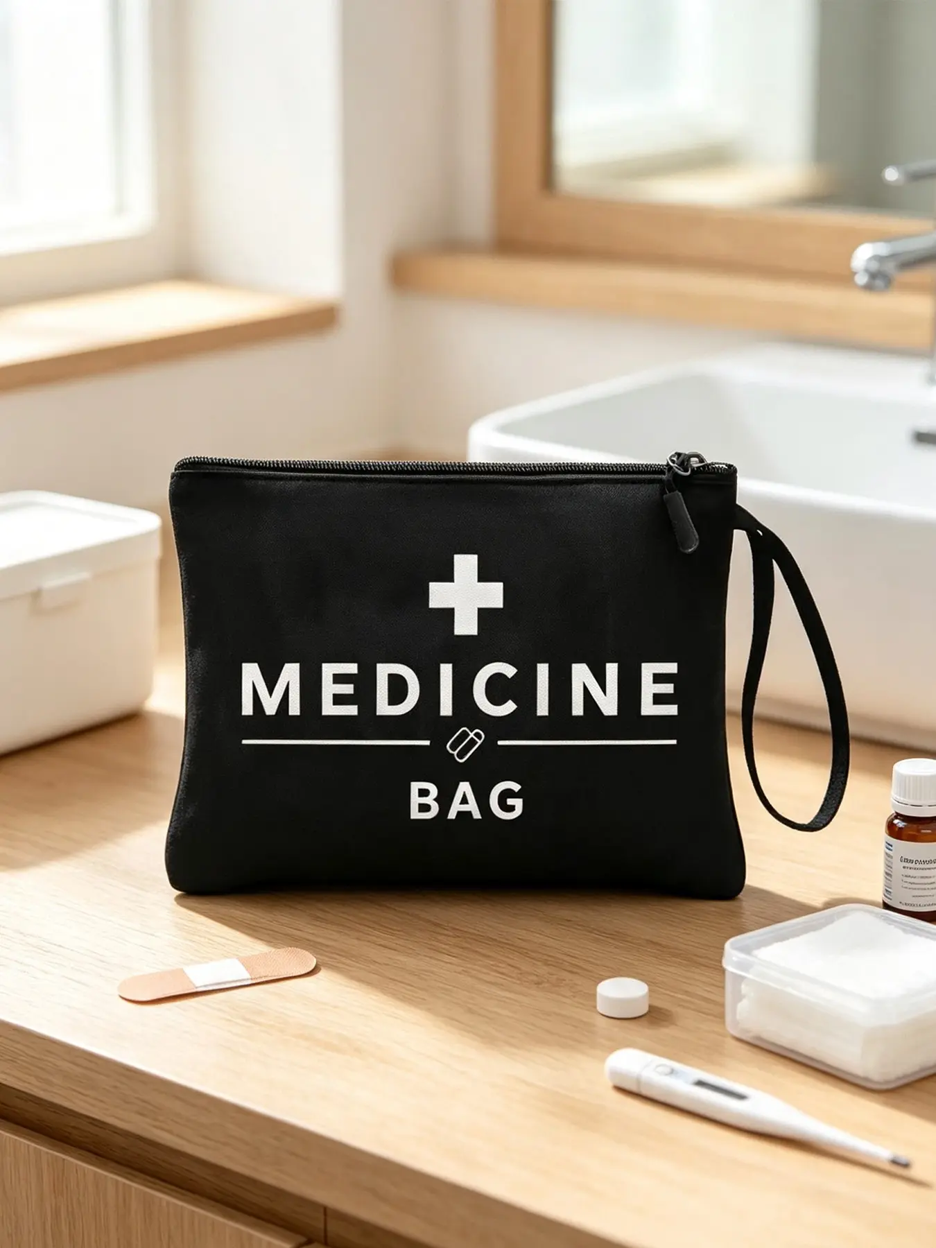 Portable Medicine Storage Bag with Wrist Strap for Travel and Outdoor Use, Waterproof Emergency First Aid Pouch with Letter Pattern, Compact and Casual Medical Organizer