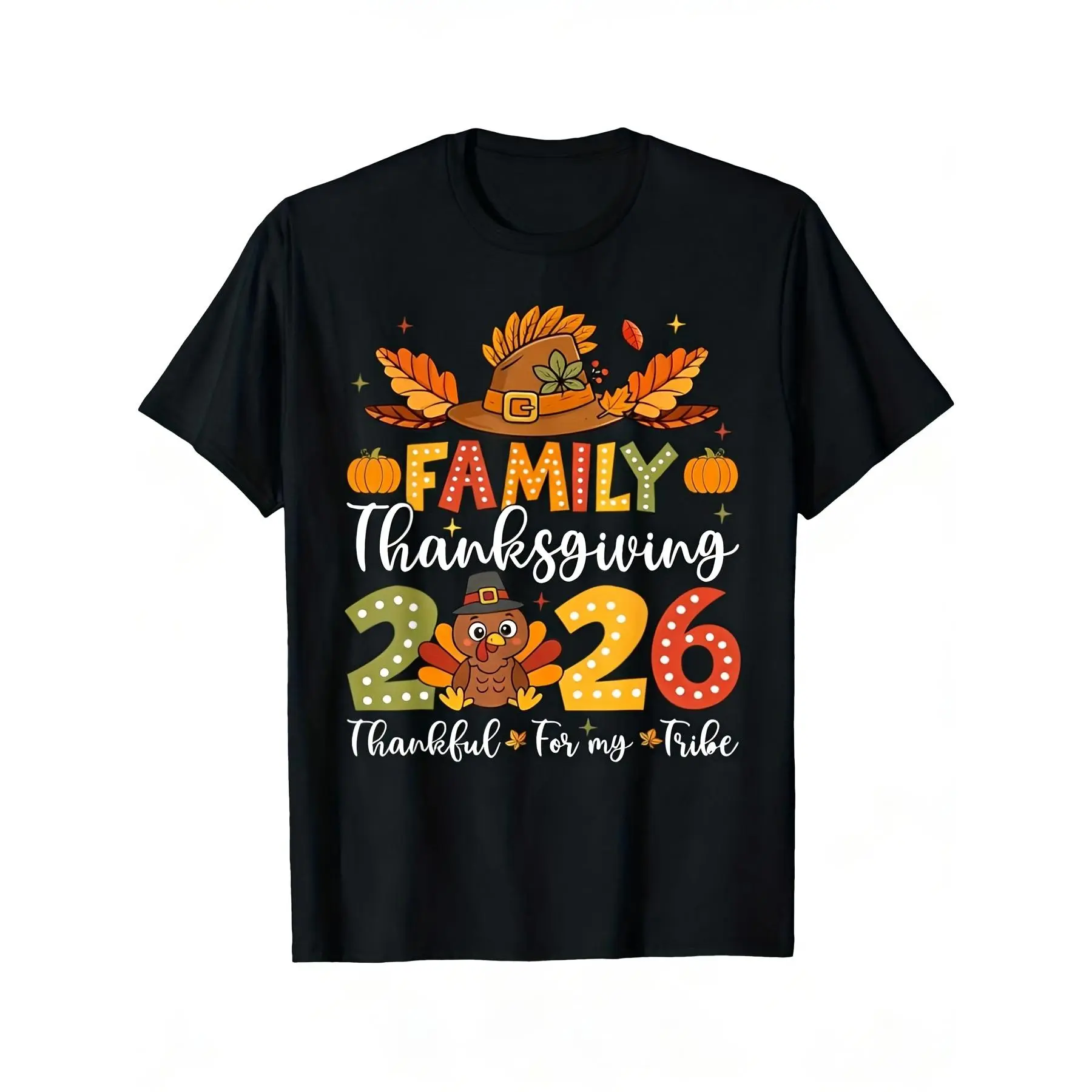 2026 Family Thanksgiving Turkey Graphic TShirt Black with Rich Autumn Design Funny Thank You My Tribe Saying Unisex Casual TShirt Perfect Thanksgiving Christmas Birthday Gift HoliRetro Casual Crew Neck Printed T-shirt