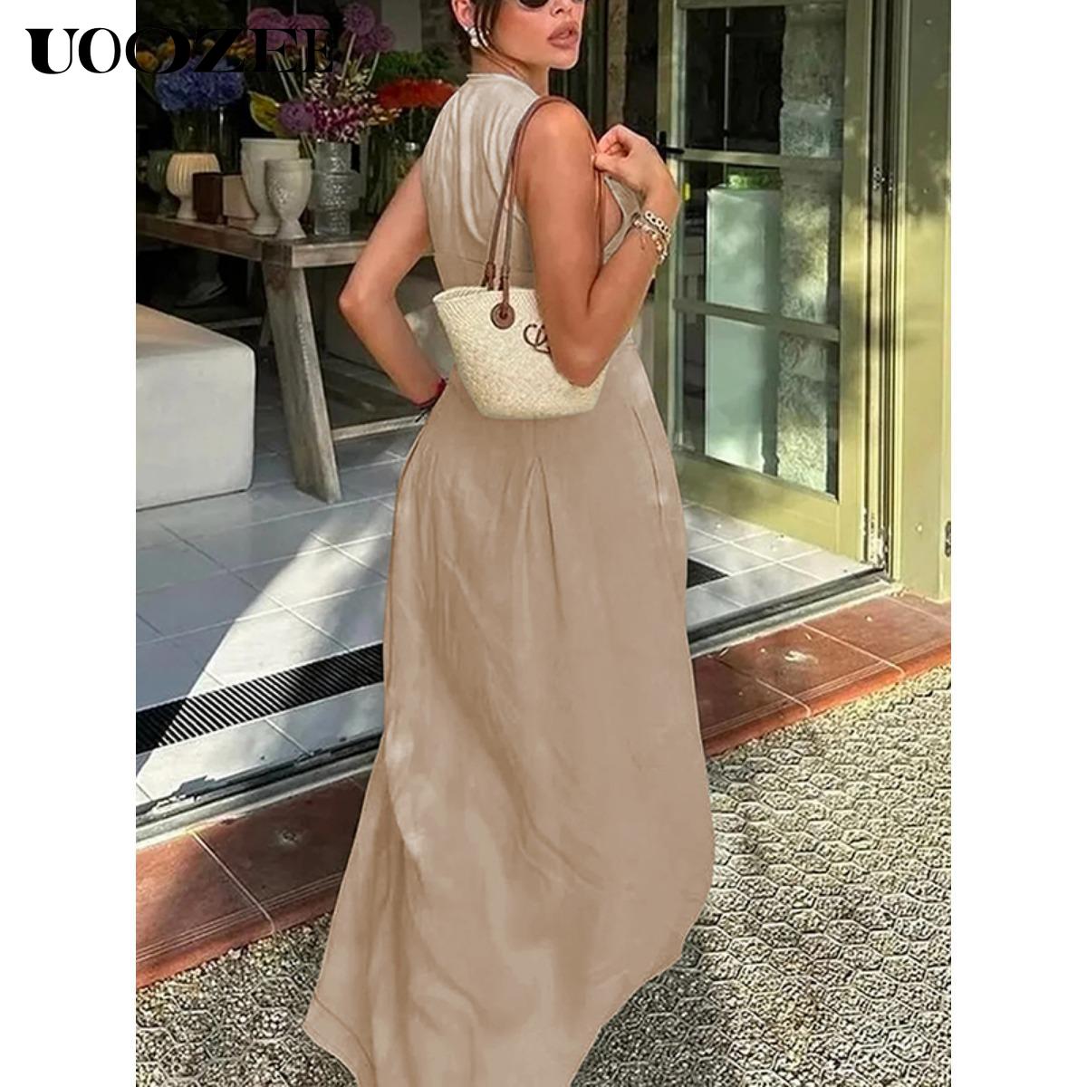 UOOZEE Women's Summer Casual Elegant A-line Loose Pleated Pockets Zipper Round Neck Long Minimalist Dress. Smaller Bust Fit One Size Up Recommended for C - Cup Above & smaller bust can order a normal size. Multiple colors, Sleeveless Womenswear Check