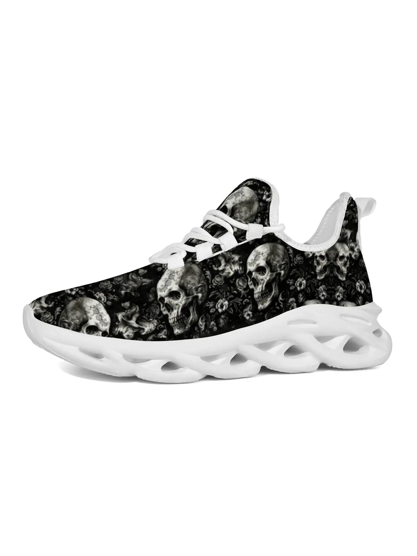 Dark Art Skull Floral Vintage Pattern Running Shoes, Black White Gothic Skeleton Baroque Print Sneakers, Breathable Mesh Lightweight Non-Slip Casual Athletic Shoes for Men Women Unisex Rock