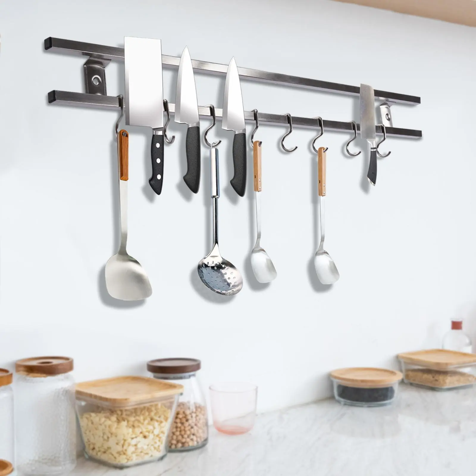 24 Inch 304 Stainless Steel Magnetic Knife Holder with 8 Hooks for Wall Mount - Ideal Kitchen Utensil Hanger and Magnetic Strip Rack Storage