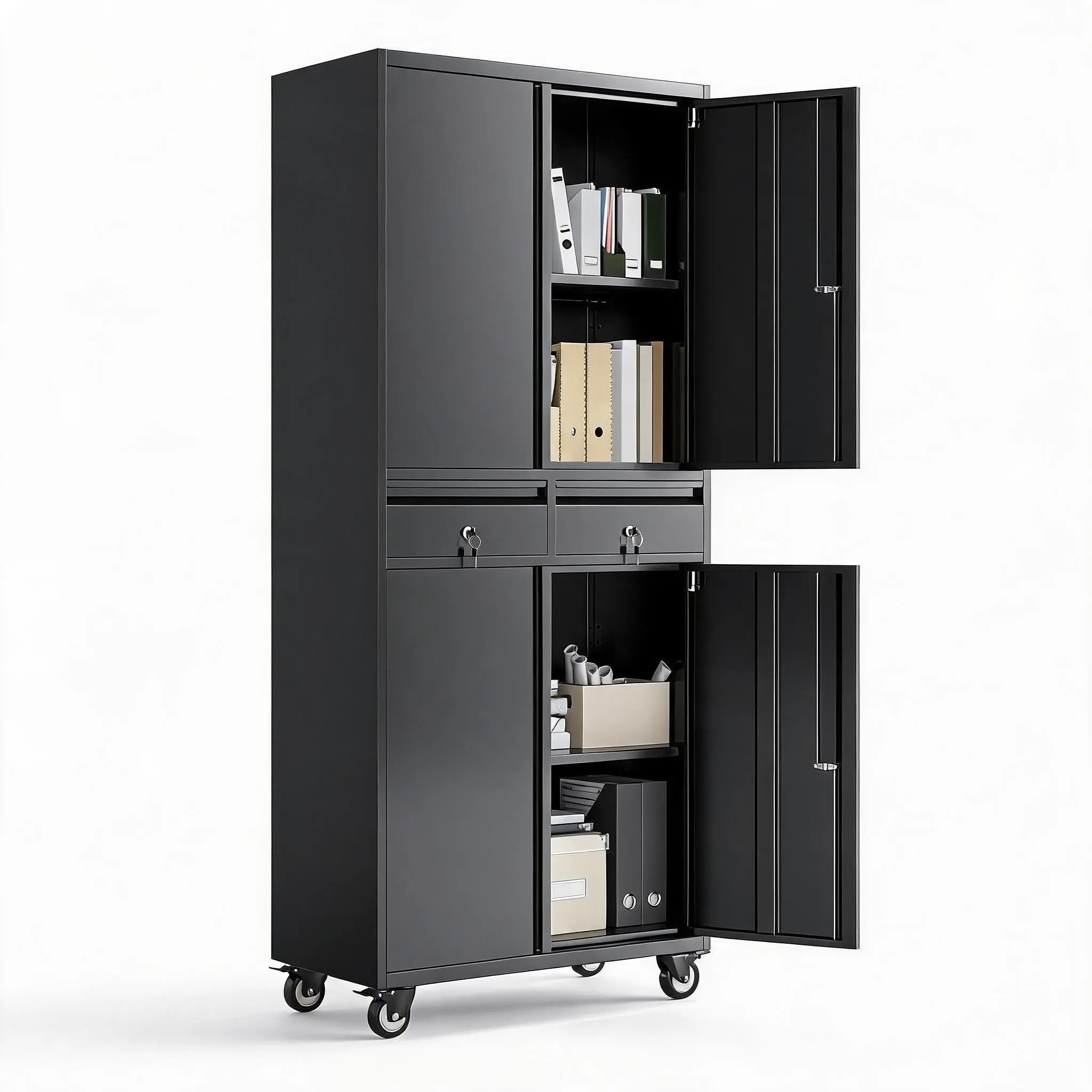 Metal Storage Cabinet with Lock, 71” Garage Storage Cabinet with 4 Wheels and 2 Drawers, Tall Lockable File &Tool Cabinet for Home Office, Black