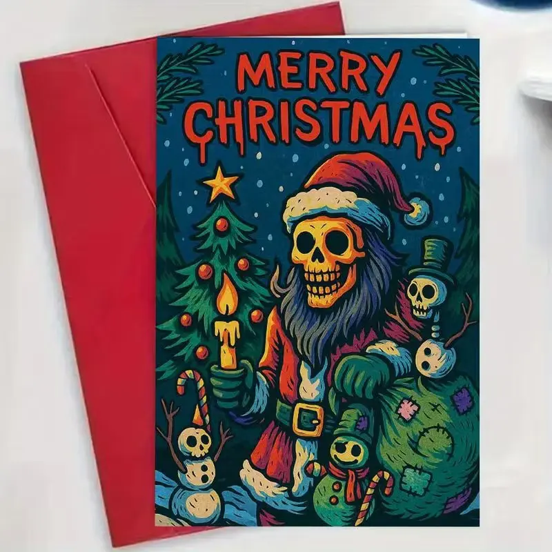 Spooky Skeleton Santa Christmas Card, Gothic Holiday Greeting, Unique Festive Greetings, Includes Envelope, Ideal for Friends and Family