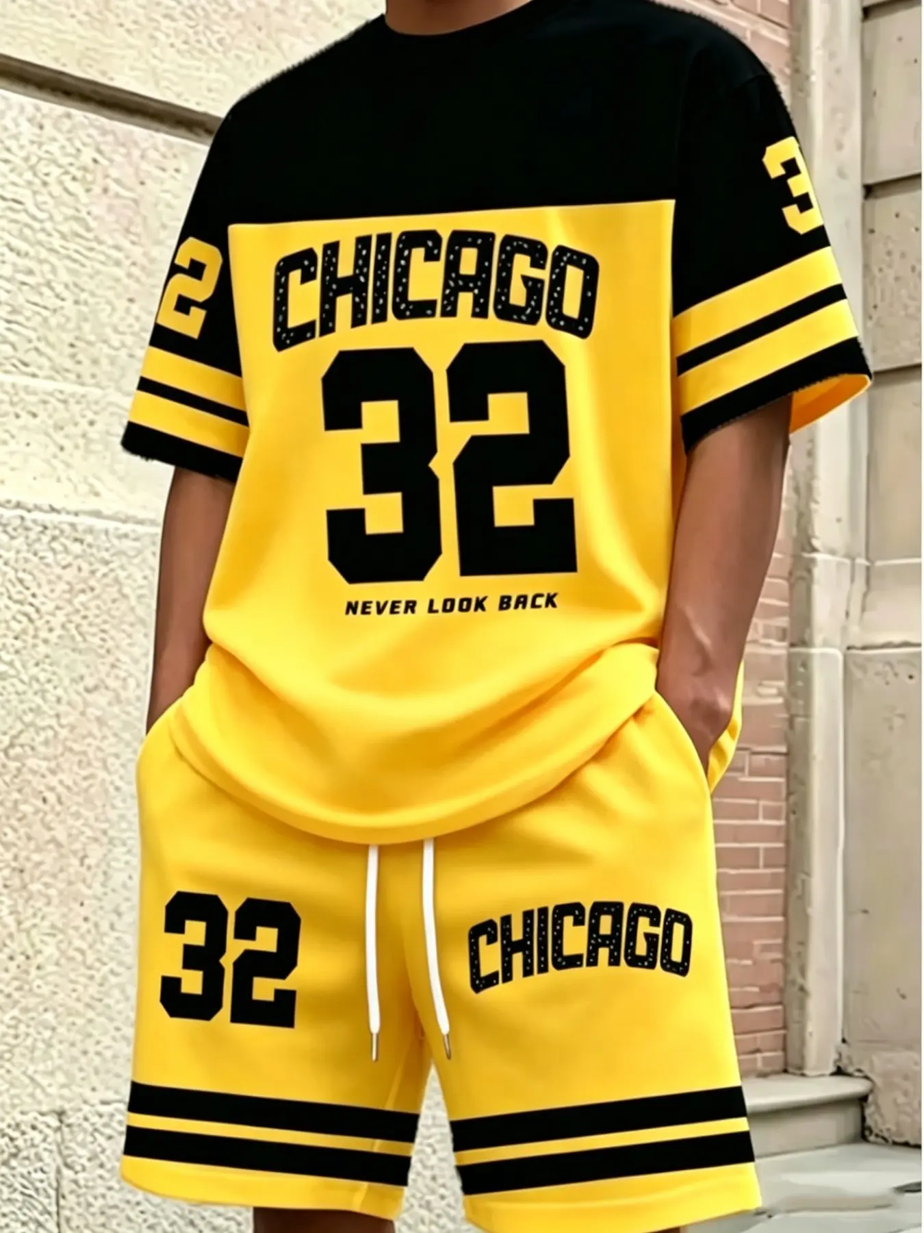 American Streetwear Sport Set, Activewear Shorts Set, Fashion Trendy Sporty Chicago 32 Number Print Short Sleeve T-Shirt and Shorts Two-Piece Set, Casual Animal Print Polo Clothes