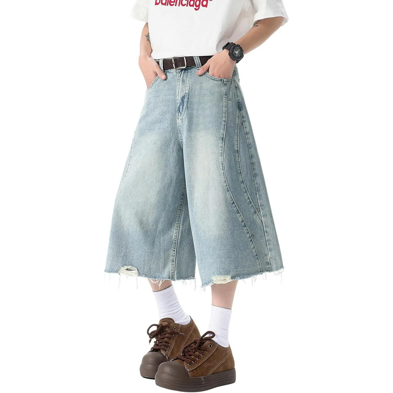 Mens Baggy Jorts Loose Fit Y2K Long Denim Shorts Distressed Jean Shorts | Vintage Hip Hop Wide Leg Below Knee Cropped Capri Jeans Multi-Pocket Cargo Zipper-Fly Camo Jorts Summer Streetwear Daily Wear