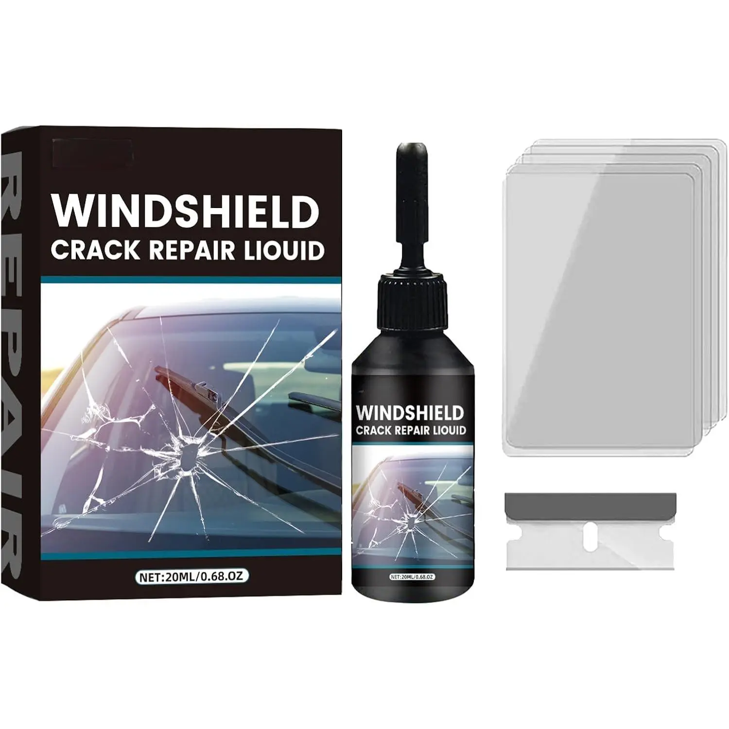 Windshield Chip Repair Kit, Windshield Crack Repair Kit, Glass Repair Liquid for  Glass, Windows and Mirrors, Quick Cure  for Chips, Cracks, Bullseye and   0.68 FL OZ.