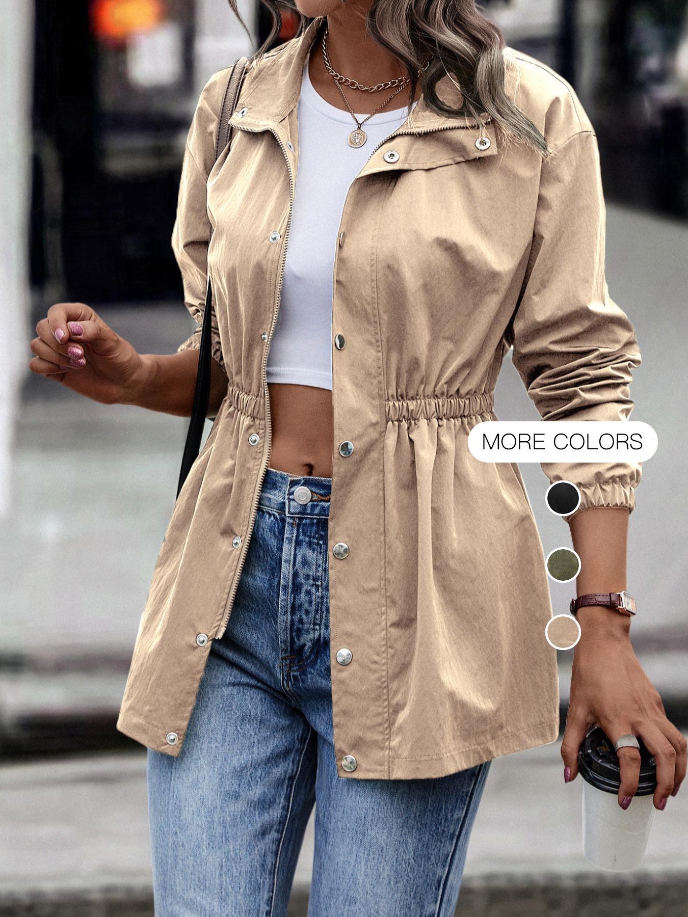 Women's Solid Woven Fabric Fitted Button Front Collar Jacket Coats, Casual Long Sleeve Outerwear for Spring & Fall, Ladies Clothes for Daily & Everyday Wear, Womenswear