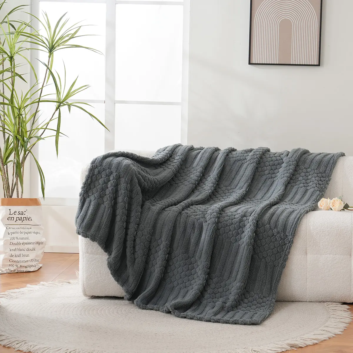 Soft Dot Striped Embossed Plush Throw Blanket, Textured Fuzzy Decorative for Sofa Bed Couch, Thick Fluffy Indoor Leisure Blanket for Bedroom Living Room, Home Decor Accessory, Cozy Throw Blankets