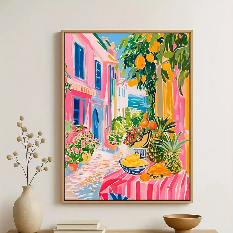 1pc Medieval Fruit Market Poster - Colorful Pink Maximalist 2D Flat Wall Art with Light Hand-Painted Look, Multi-Size Dopamine Artwork for Modern Home/Office Decor, Matisse Style Gift for Halloween