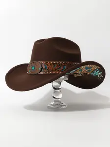 Women's Ethnic Style Cowboy Hat, Buckle Design Embroidery Brim Patch Decorative Hat, Party Western Theme Event Accessory
