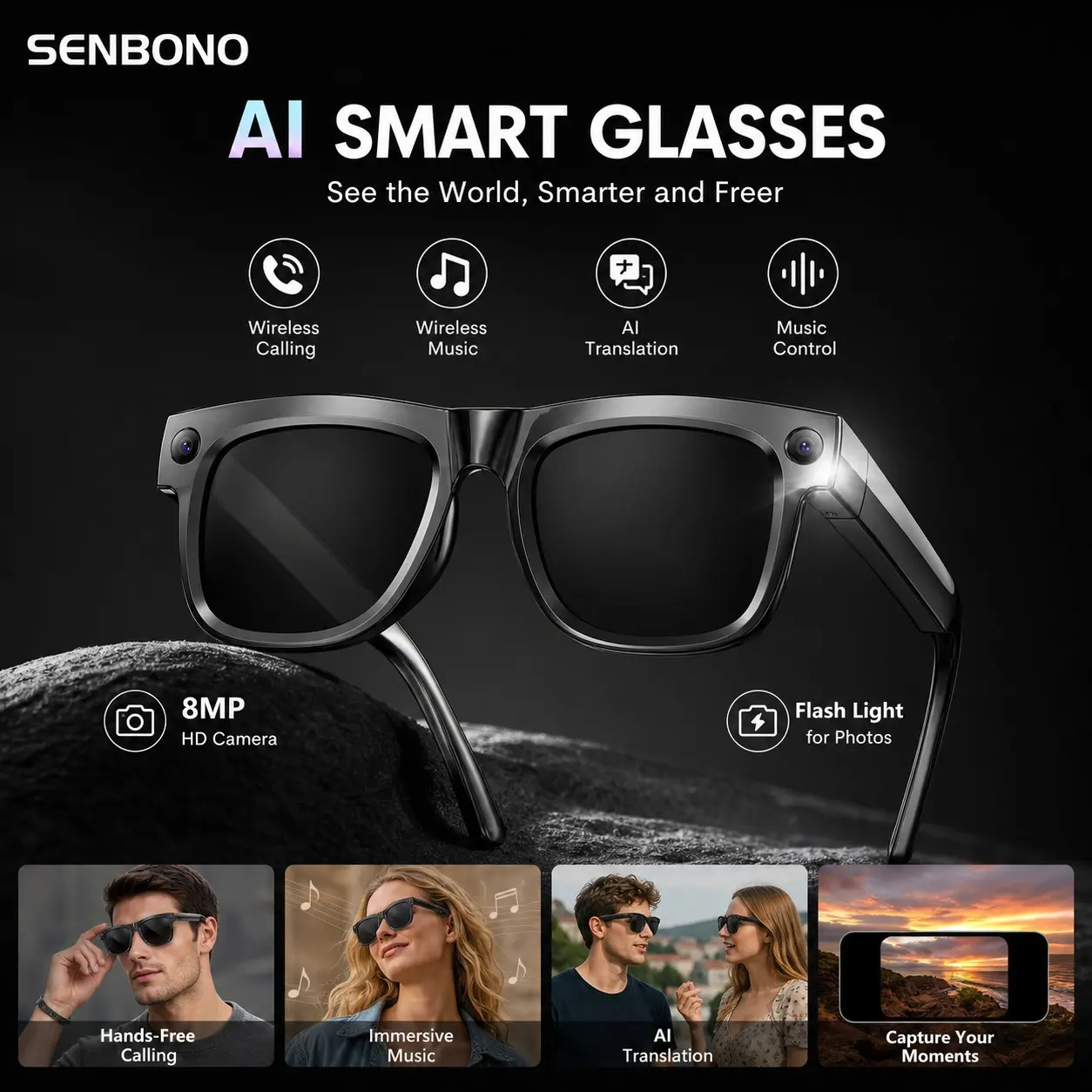 SENBONO Multifunction Wireless Smart Glasses Supporting Photo Video Voice Recording, Bluetooth Calling, Music Playback, AI Q&A and Translation, Android and iOS Compatible for Work Study Travel