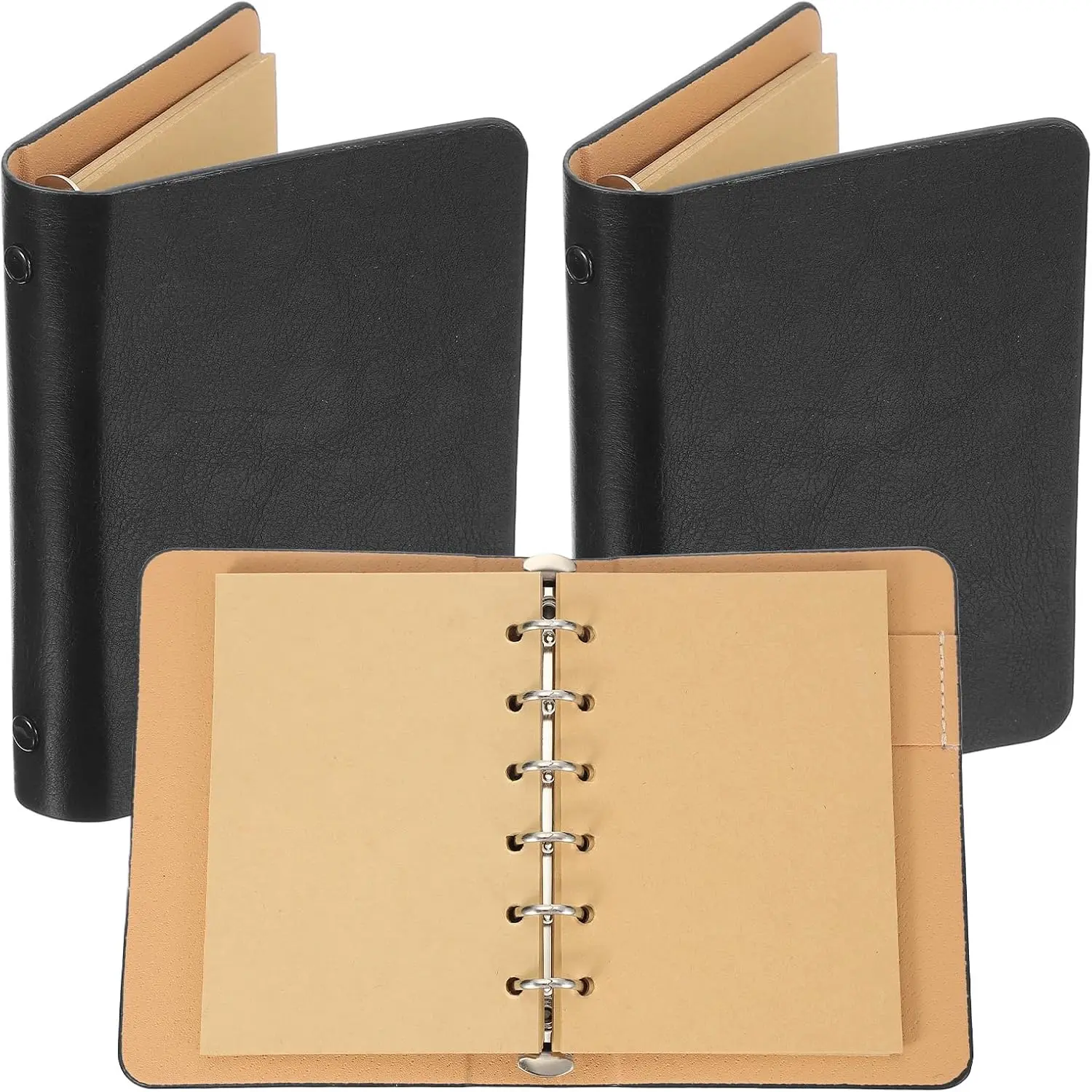 6 Ring Binder Cover, 2 Pack A7  Leather Notebook Binder Mini Refillable Loose Leaf Personal Planner with 50 Sheets Paper, Black