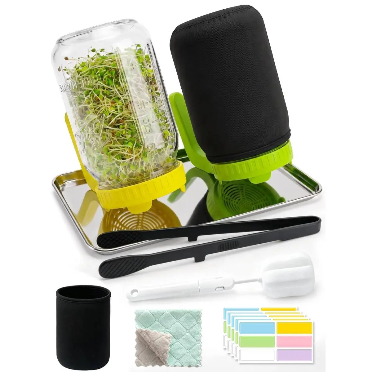 Broccoli Sprouts Growing Kit 2 Pack, 32oz Stainless Steel Sprouter, Silicone Tongs & Blackout Sleeves, Ideal for Mung Bean & Alfalfa Seeds