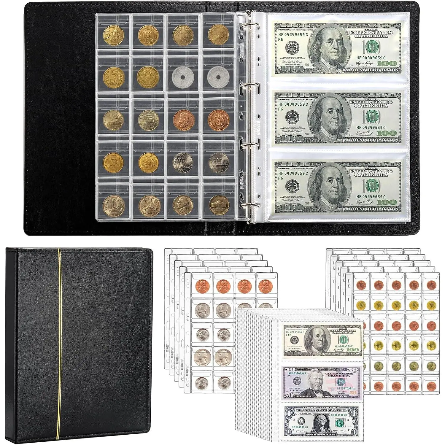 310 Pockets   Collection Book Holder for Collectors, 250 Pockets  Collection Album and 60 Sleeves  Banknote Binder,   Collection Supplies, Black
