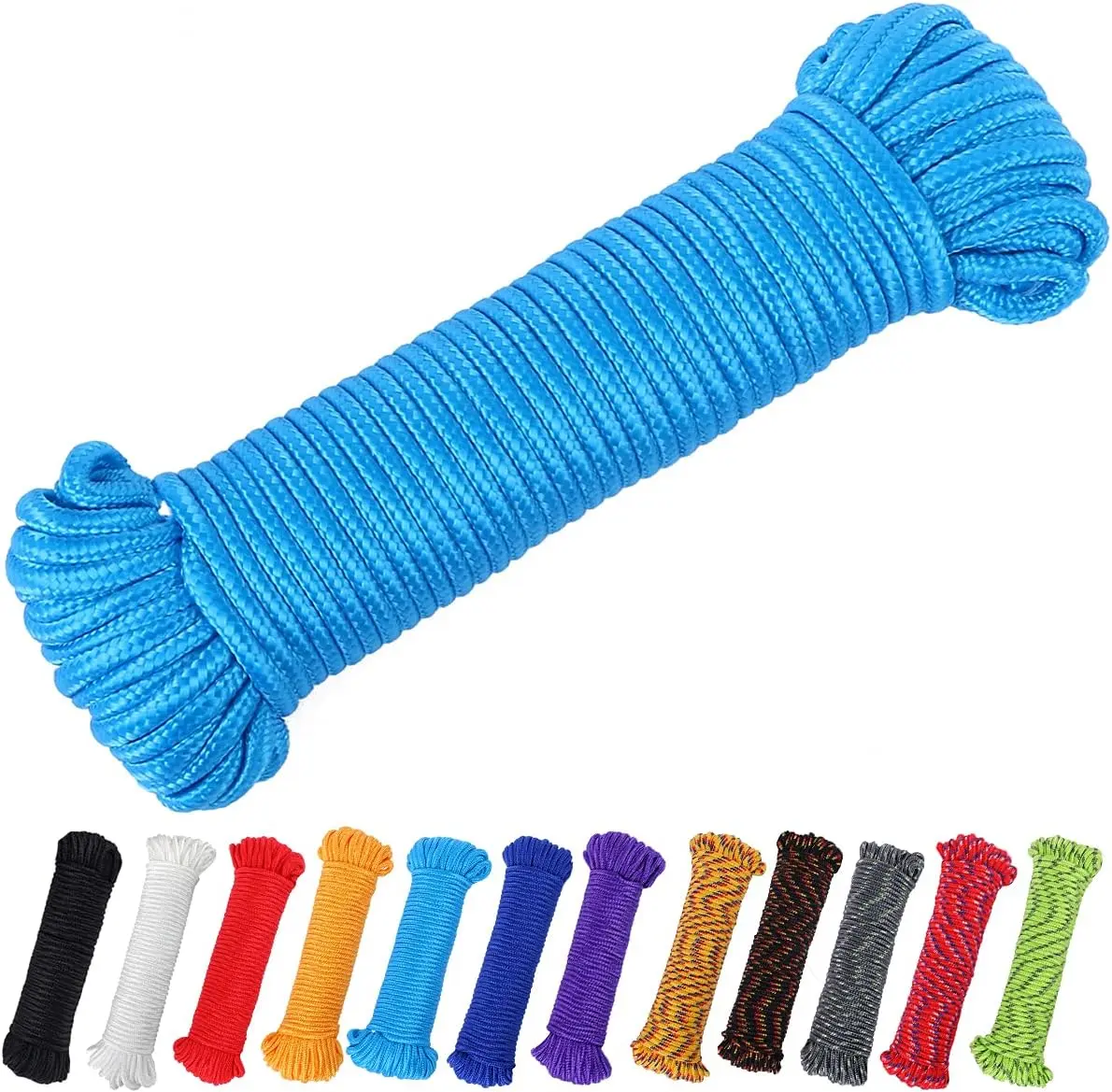 100 ft Polyester Rope, 1/4" (7mm) Diameter, Nylon-Like Durability, Floats in Water, for Outdoor Users' Flag Pole, Camping, Tie Needs, Sky Blue, 1/4" Diameter