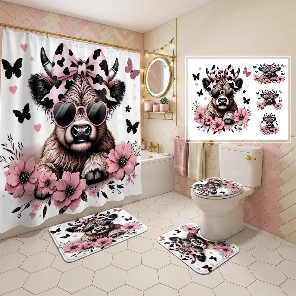 4pcs Cute Highland cow pink cow pattern bow heart-shaped sunglasses pink floral butterfly print shower curtain set, includes toilet lid cover and matching bath mat, with thicker and softer bath mat fabric! Girly farmhouse bathroom decor