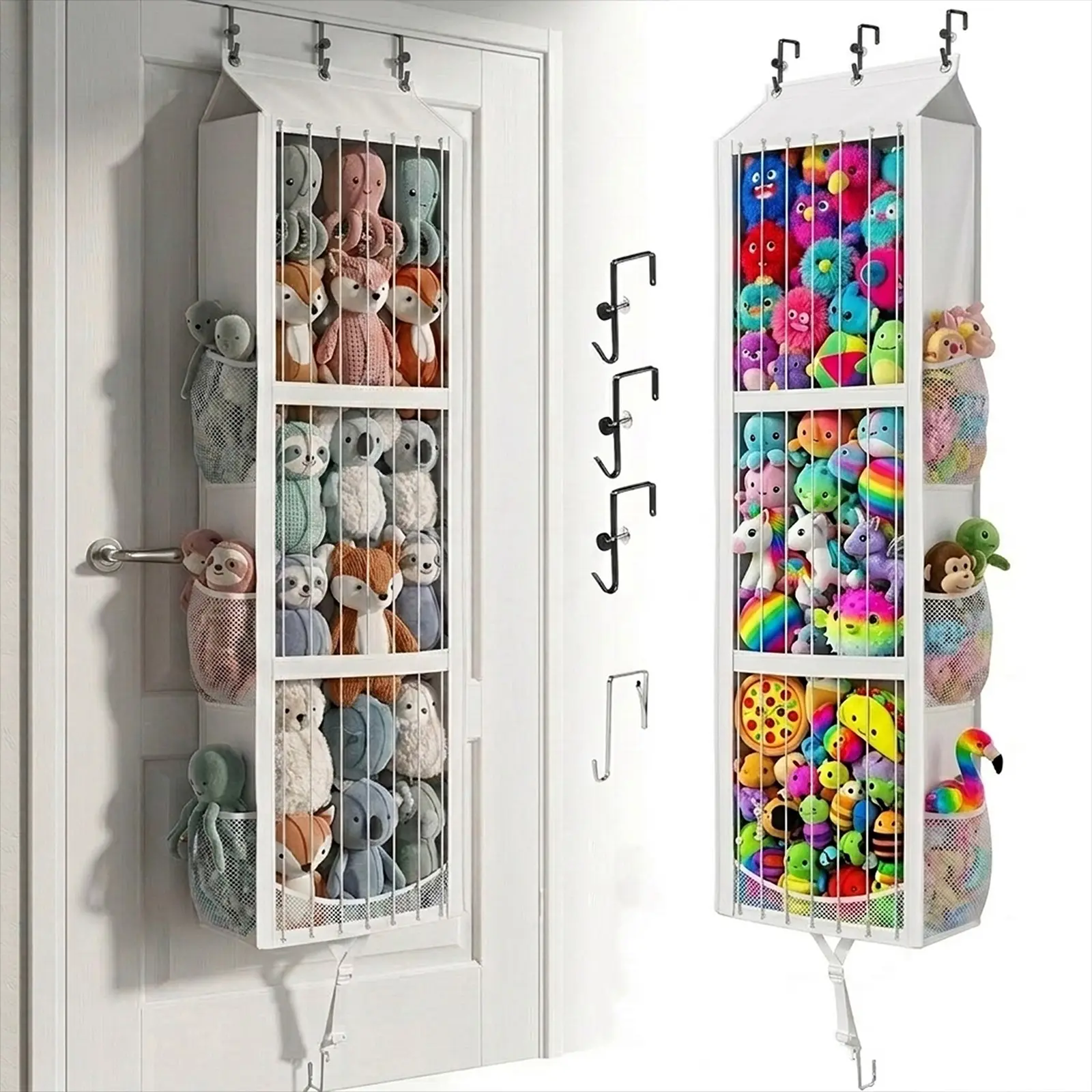 Stuffed Animal Storage for Over The Door – Large Toy Organizer Bag with Elastic Cord for Easy Access, Organized Storage, Holds 70+ Plush Toys, Adjustable No-Damage Hooks, White – for Bedroom, Kids Room, Nursery