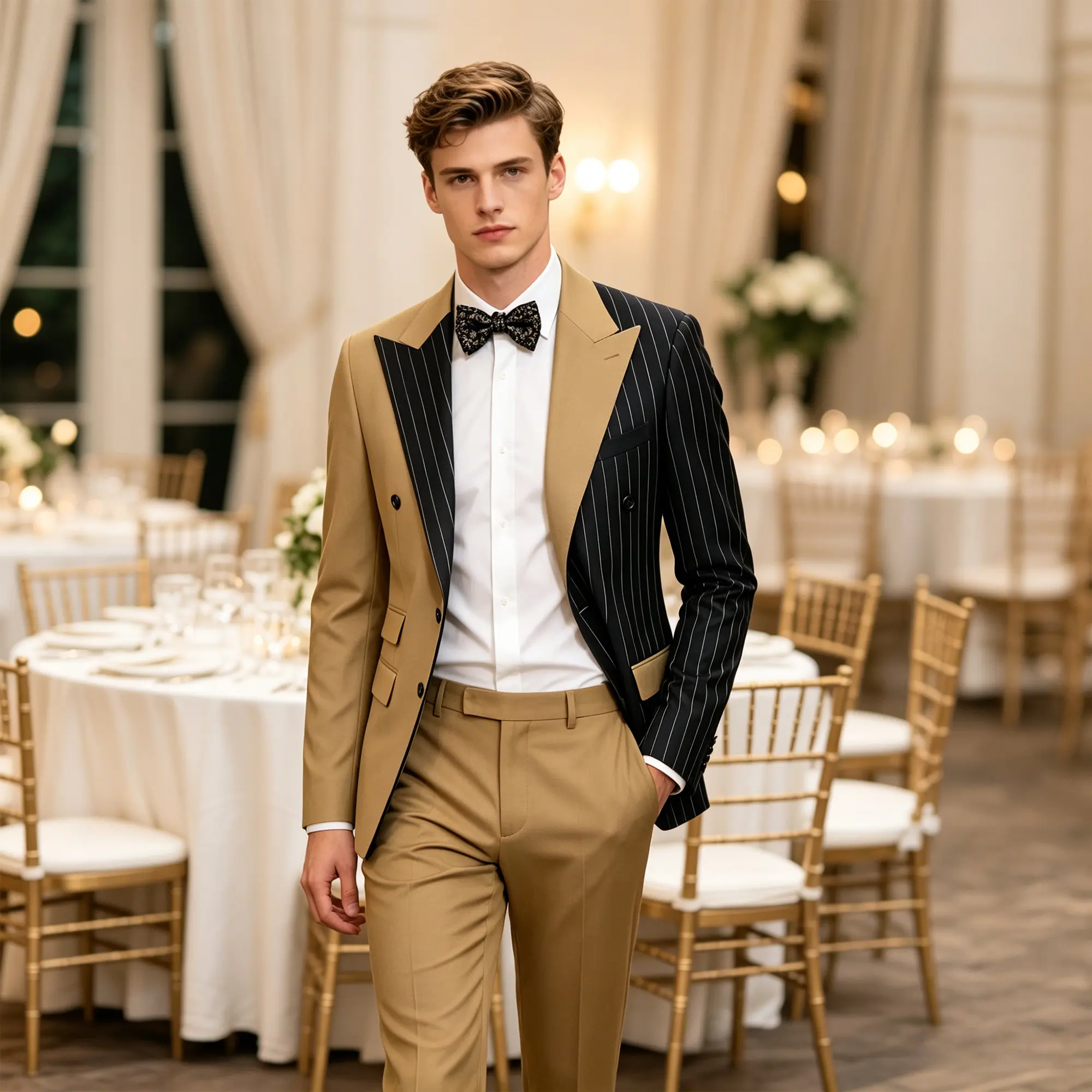 Men's Classic 2-Piece Contrast Suit Set - Smooth, Wrinkle-Free Long Sleeve Blazer & Pants, Menswear for Office, Portrait Shoots, Grand Formal Receptions, Matching, Trouser, Drape, Stylish, Polyester