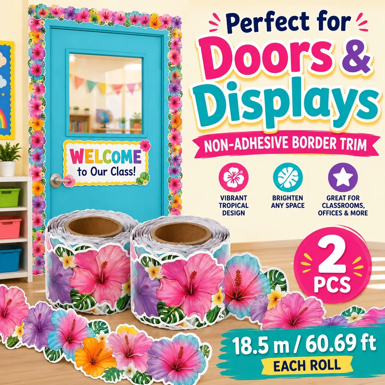 2 Rolls 18.5m Floral Bulletin Board Borders for Classroom Decorations, Tropical Flower Trim Roll with Hibiscus and Leaf Design, Colorful Classroom Border Paper for Teachers, School Offices, Bulletin Boards, Door Frames, Wall Displays, Creative Crafts