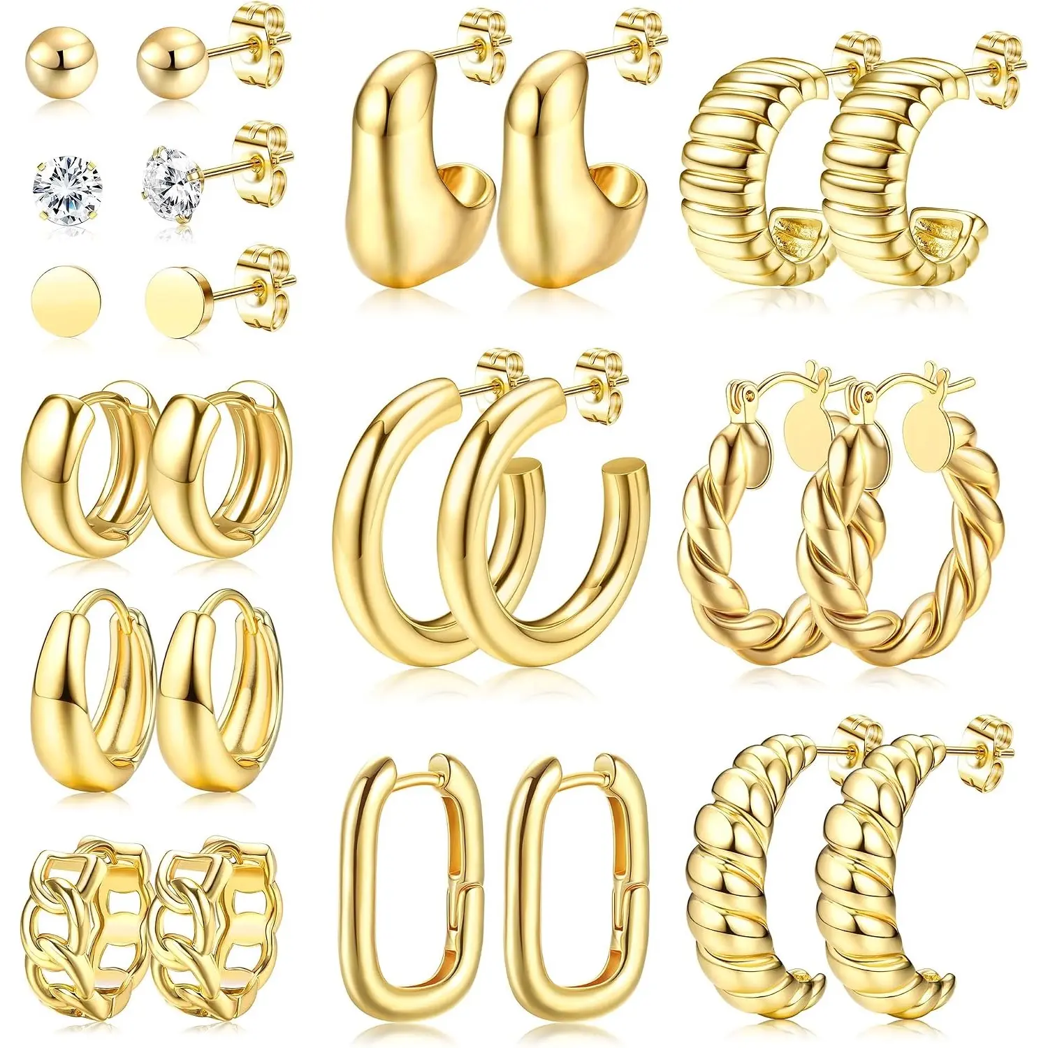 FIASASO 12 Pairs Earrings Gold Hoop Earrings 14K Plated Gold Earrings Hoop Earrings Gold Earrings Women's Hoop Earrings Gold Earrings Gold Set Hypoallergenic Huggie Hoop Earrings Twist Small Stud Earrings Gold for Girls