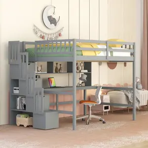 Aobtkel®Full Size Loft Bed with Desk, Storage shelves and Staircase,Grey