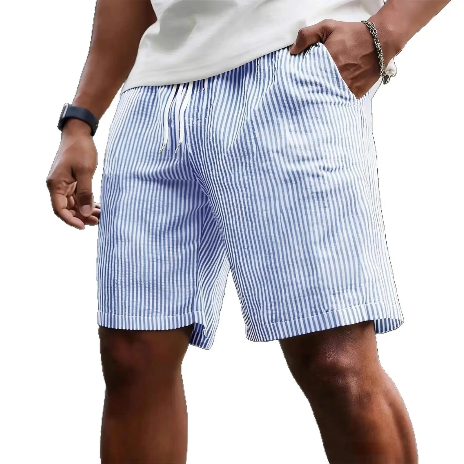 Men's Striped Drawstring Shorts, Summer Casual Knee Length Bermuda Shorts with Elastic Waist and Pockets, Lightweight Five Point Beach Lounge Athletic Sportswear for Running, Walking, Gym, Vacation, Daily Wear, Blue Black Yellow Green for Travel