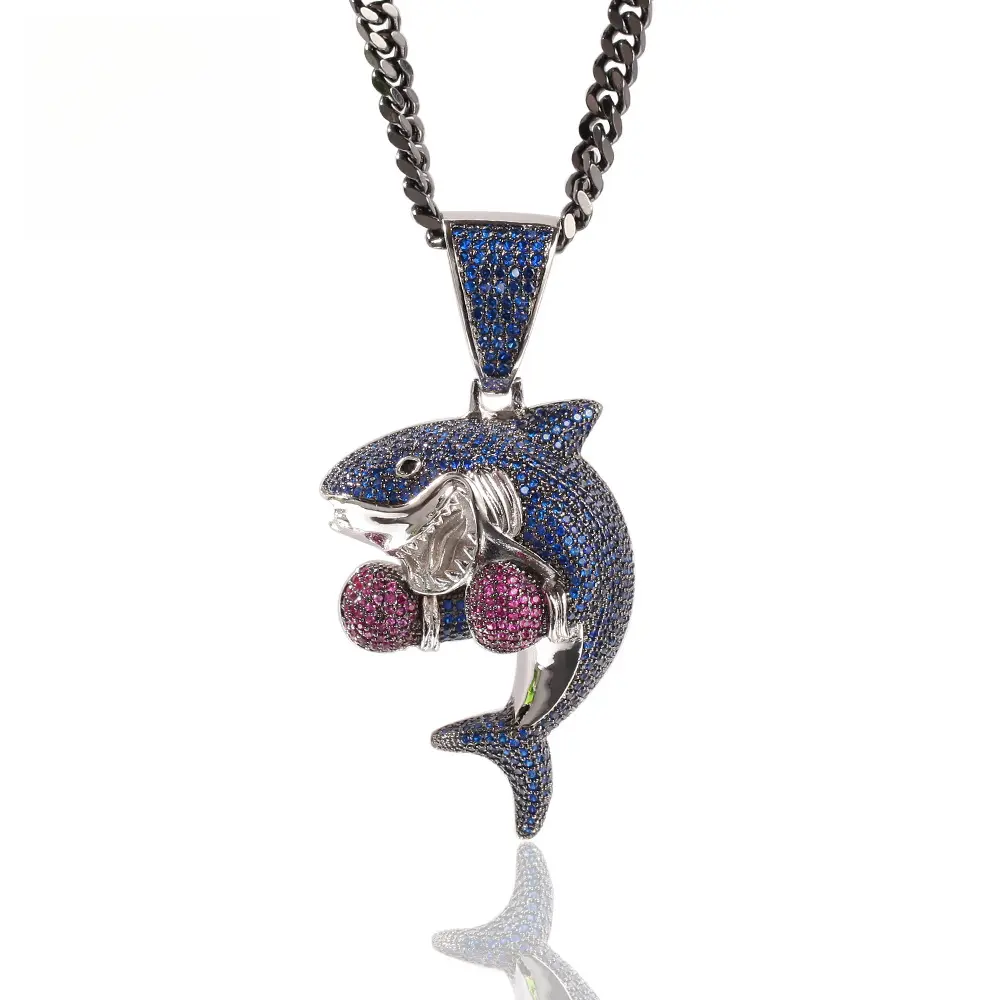 Loveden Hip Hop Boxing Shark Cubic Zirconia Pendant Necklace for Men, Iced Out Fighter Shark Charm, Gun Black Plated Cuban Link Chain, Personality Trend Streetwear Jewelry, Versatile Bling Accessory for Daily Wear, Club Party & Rap Outfits