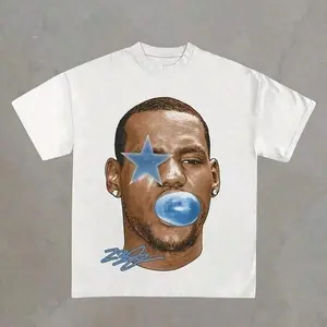 Unisex James Blue Bubble Gum & Star Portrait Graphic T-Shirt, Y2K Basketball Star Print Short Sleeve Crew Neck 220g Cotton Tee Retro Basketball Star  James Casual 220g Cotton Top