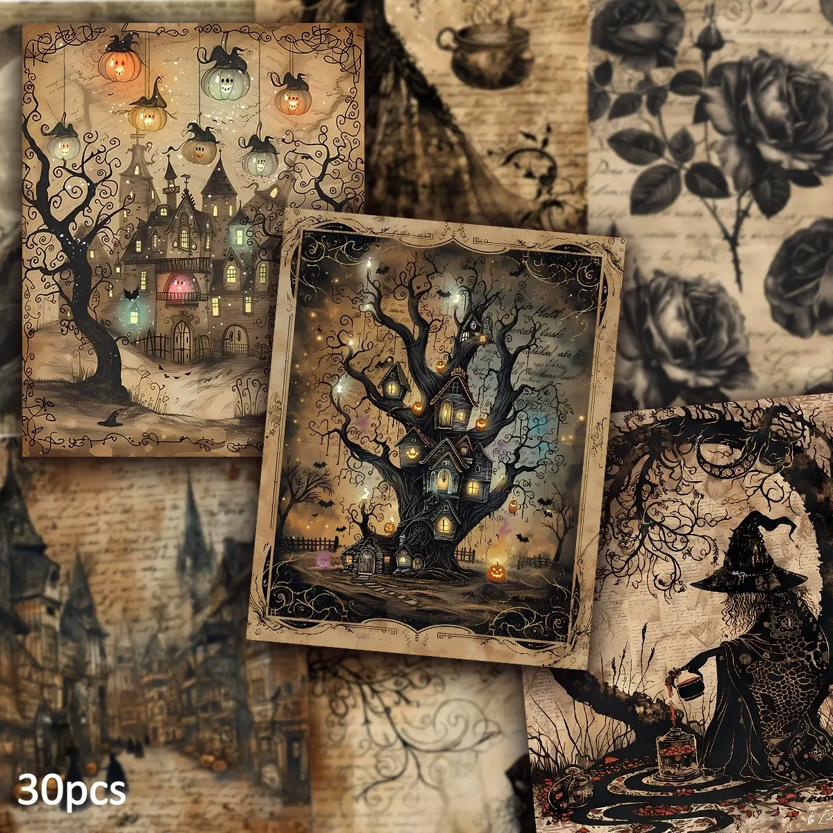 30pcs Gothic Halloween Theme Scrapbook Paper - Vintage Spooky Witch, Ghost & Pumpkin Decorative Craft Paper for Scrapbooking, Journaling, Card Making & DIY Projects, Halloween Decoration